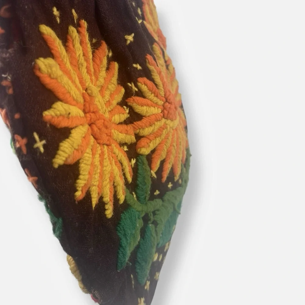 Vintage Tote Bag Boho Floral Brown Fabric Wood Handles‎ Embroidered Flowers